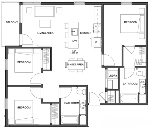 Floor plan for 3 beds, 2 baths, 1156 sqft